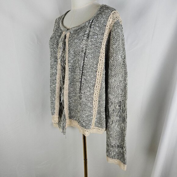 Mary McFadden Open Front Cardigan Large Boho Fringe Lace Tweed Gray - Picture 3 of 9